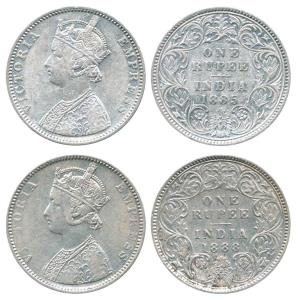 Victoria Empress, Silver Rupee (2), 1885, Bombay Mint, C2 / I / B incuse; 1888, C2 / I / i