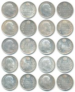 Edward VII, Silver 2 Annas, 1907, 1910 (9). Uncirculated. (10)