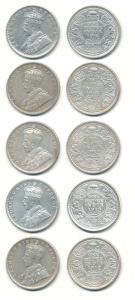 George V, Silver Rupee (5), 1912, 1913 and 1919 (3). Very Fine+. (5)