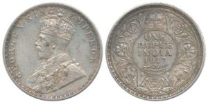 George V, Silver Rupee, 1917, with the digit 7 worn out. Very Fine+, Rare.