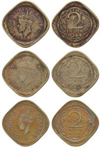 George VI, Nickel Brass 2 Annas, 1944 (3), Lahore Mint, large date numerals; Bombay Mint, 