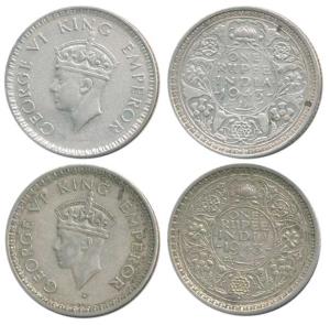 George VI, Half Silver Rupee (2), 1943, Bombay Mint, C / II, Small Head, Large 3; A / Ia, 