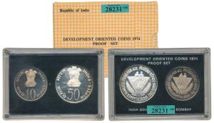 1974, Proof Set, Grow More Food, set of 2, Rupees 10 and 50. In immaculate condition, with
