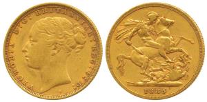 Australia, Victoria Queen, Gold Sovereign, 8g, 1885, Sydney, St. George slaying a dragon r