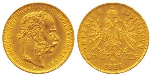 Austria, Franz Joseph I, Gold 8 Florins, 20 Francs, 6.5g, 1892. Restrike. About Uncirculat