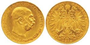 Austria, Franz Joseph I, Gold 20 Corona, 6.77g, 1915 (KM 2818). Restrike Extremely Fine.