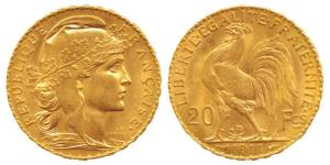 France, Gold 20 Francs, 6.5g, 1911, Liberty on obv. rooster divides value on rev. (KM 857)