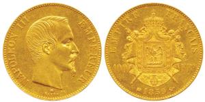 France, Napoleon III, Gold 100 Francs, 32.25g, 1859 BB. Strasbourg Mint, bare head l. by B