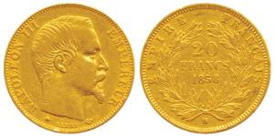 France, Napoleon III, Gold 20 Francs, 6.5g, 1858 BB, Strasbourg Mint, bare head variety, (