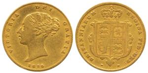 Great Britain, Victoria Queen, Gold ½ Sovereign, 4g, Young head, Shield on rev. 1856. Very