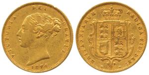 Great Britain, Victoria Queen, Gold ½ Sovereign, 4g, Young head, Shield on rev. 1874. Very