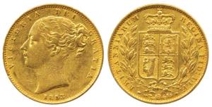 Great Britain, Victoria Queen, Gold Sovereign, 8g, shield on rev. 1853. Very Fine+, Scarce