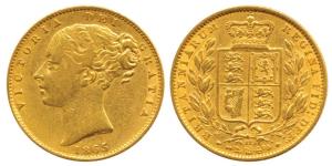 Great Britain, Victoria Queen, Gold Sovereign, 8g, shield on rev. 1865. Very Fine+, Scarce