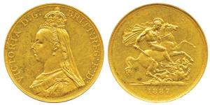 Great Britain, Victoria, Gold 5 Pounds, 39.72g, Jubilee head, St. George slaying a dragon 