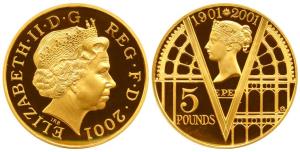 Great Britain, Elizabeth, Gold 5 Pounds, 2001, to commemorate the 100th anniversary of the