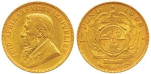 South Africa, Gold Kruger One Pond, 7.9g, 1896, Single Saft type. Very Fine+, Rare.