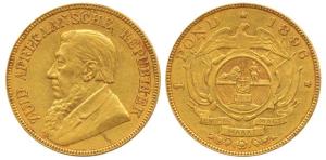 South Africa, Gold Kruger One Pond, 7.9g, 1896, Single Saft type. Very Fine+, Rare.