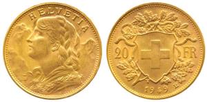 Switzerland, Gold 20 Francs, 6.45 g, 1949B. (KM 35.2). Uncirculated.
