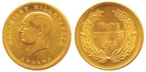 Turkey, Ataturk, Gold 100 Kurush, 7.21g, 1923/39 (KM 855 Fr 91). Extremely Fine.