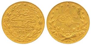 Turkey, Muhammad V, Gold 100 Kurush, 7.2g, AH 1327/1 (1909 AD), (KM 754). Extremely Fine.