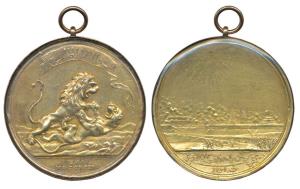 East India Company Medal For Seringapatam, Gold Gilt, 1799, obv. the British Lion defeatin
