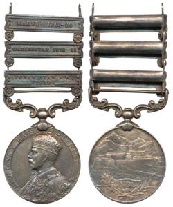India General Service Medal, George V, Silver, 3 bars, Afghanistan N.W.F. 1919, Waziristan