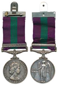 General Service Medal, Queen Elizabeth II, Silver, Malaya bar, name erased, with ribbon (M