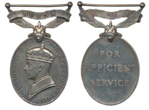 Efficiency Medal, George VI, Silver, Burma (foliated) bar, awarded to 3307 Lance-Bombardie