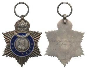 Indian Title Badge, George V, Silver, Rai Sahib, bust facing right, awarded to Lala Ramcha