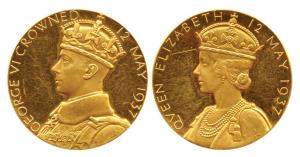Coronation Medal of George VI, Gold, 23.36g, crowned and draped bust of George VI on obv.,