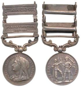 India Medal, Queen Victoria, Silver, Miniature, 2 bars, Tirah 1897-98 and Punjab Frontier 