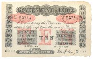 Government of India, Uniface, Rupees 10, red under print, signed M. M. S. Gubbay, 13 June 
