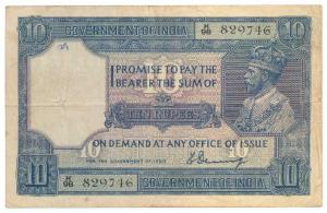 George V, Rupees 10, 2nd issue, 1925, signed H. Denning (J&R 7.1). Very Fine.