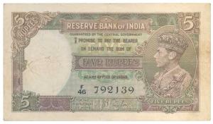 George VI, Rupees 5, 1st Issue, 1938, signed J. B. Taylor (J&R 3.1). Very Fine, Scarce.