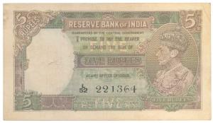 George VI, Rupees 5, 1st issue, 1944, signed C. D. Deshmukh (J&R 3.2). Very Fine+.