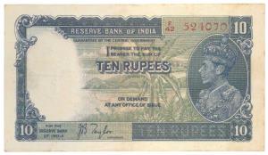 George VI, Rupees 10, 1st issue, 1938, signed J. B. Taylor (J&R 5.1). Very Fine+, Scarce.