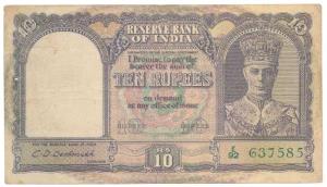 George VI, Rupees 10, 2nd issue, 1944, signed C. D. Deshmukh (J&R 6.1). About Very Fine.