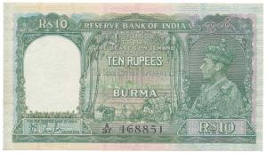 Burma, George VI, Rupees 10, 1938, signed J. B. Taylor, green colour, in order of serial n