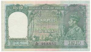 Burma, George VI, Rupees 10, 1938, signed J. B. Taylor, green colour, in order of serial n