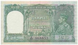 Burma, George VI, Rupees 10, 1938, signed J. B. Taylor, green colour, in order of serial n