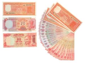 Rupees 20, set of 31 notes, with different dates and signatures of all varieties. Uncircul