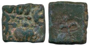 Cheras (c. 100 BC-250 AD), Copper un-inscribed, elephant, battle axe, snake, tortoises, ta