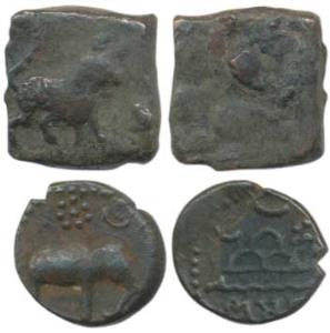 Satavahana Dynasty (1st century BC), Copper, lion walking to right with upraised tail on o