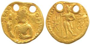 Kushanas, Huvishka (c. 126-164 AD), Gold Dinar, 7.58g, obv. crowned half length bust of th