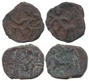 Later Kushan, Copper Unit (2), Vasudeva and Chhu, Ardhoksho enthroned on obv. and rev. Fin