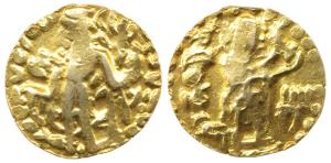 Post-Gupta, East Bengal Samatata region, Gold Dinar, 6.18g, imitating Kushan coin type wit
