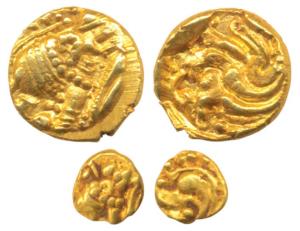 Western Gangas (10th-11th century AD), Gold Gajapati Fanam and ¼ Fanam, 0.11g, obv. capari