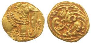 Western Gangas, Gold Gajapati Pagoda, 3.84g, obv. caparisoned elephant to right chewing su