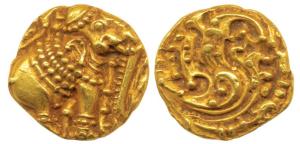 Western Gangas, Gold Gajapati Pagoda, 3.77g, obv. caparisoned elephant to right chewing su