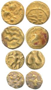 Gold Fanam (4), Bukka I, obv. Garuda running right holding serpent in hand; rev. Ba in Kan